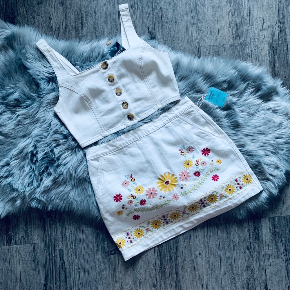 Forever 21 Button Up Embroidered Skirt & Top Set